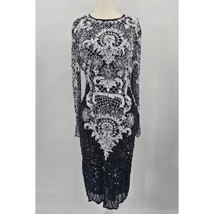 Vintage SWEELO Women's Size S 6/8 Black and White Silk Beaded Formal Dress